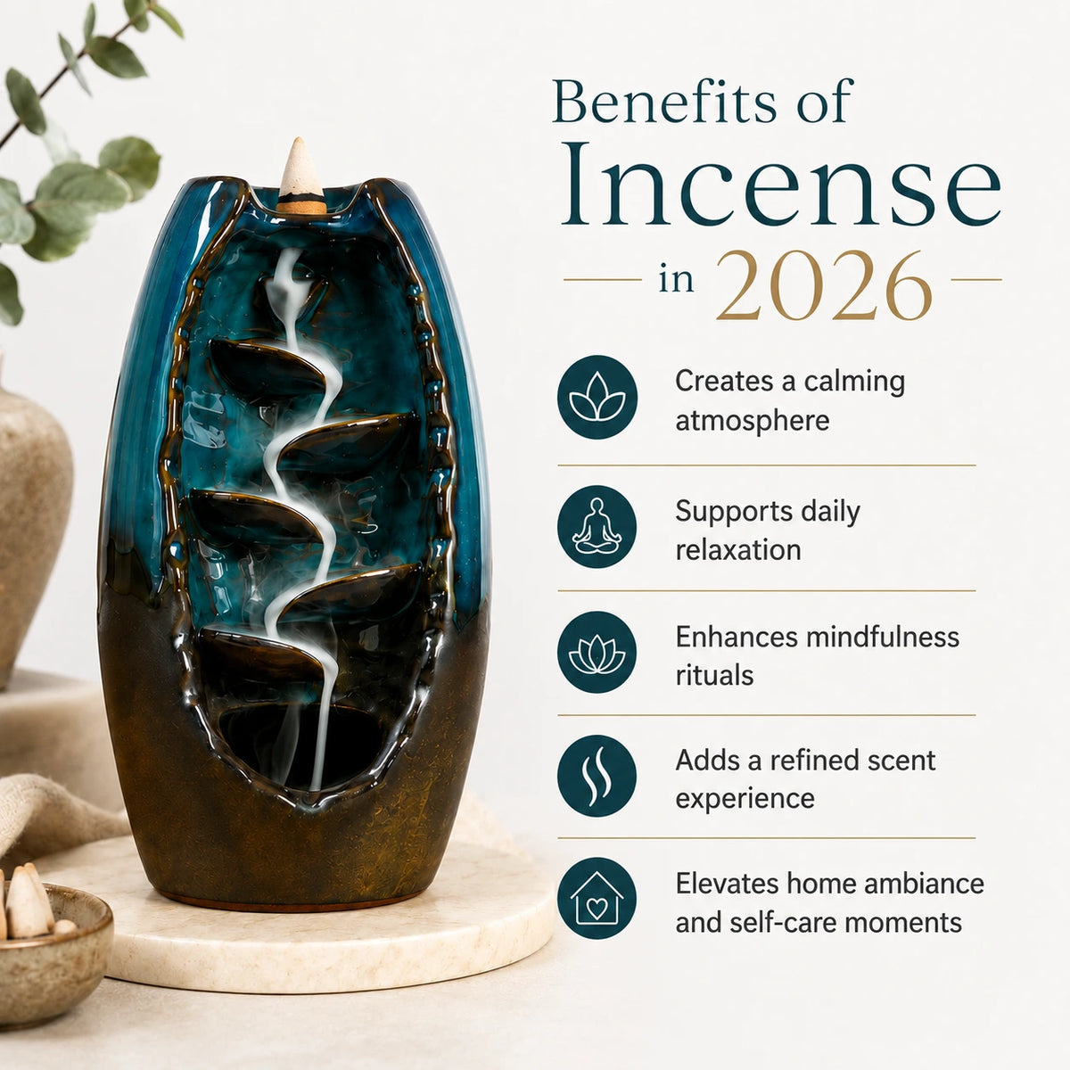 A glossy ceramic incense burner with a waterfall effect, shown on a light beige background with text listing the benefits of incense in 2026.