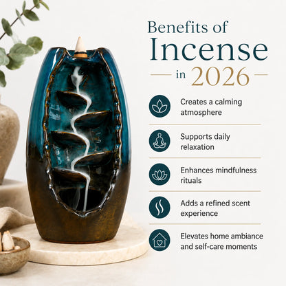 A glossy ceramic incense burner with a waterfall effect, shown on a light beige background with text listing the benefits of incense in 2026.