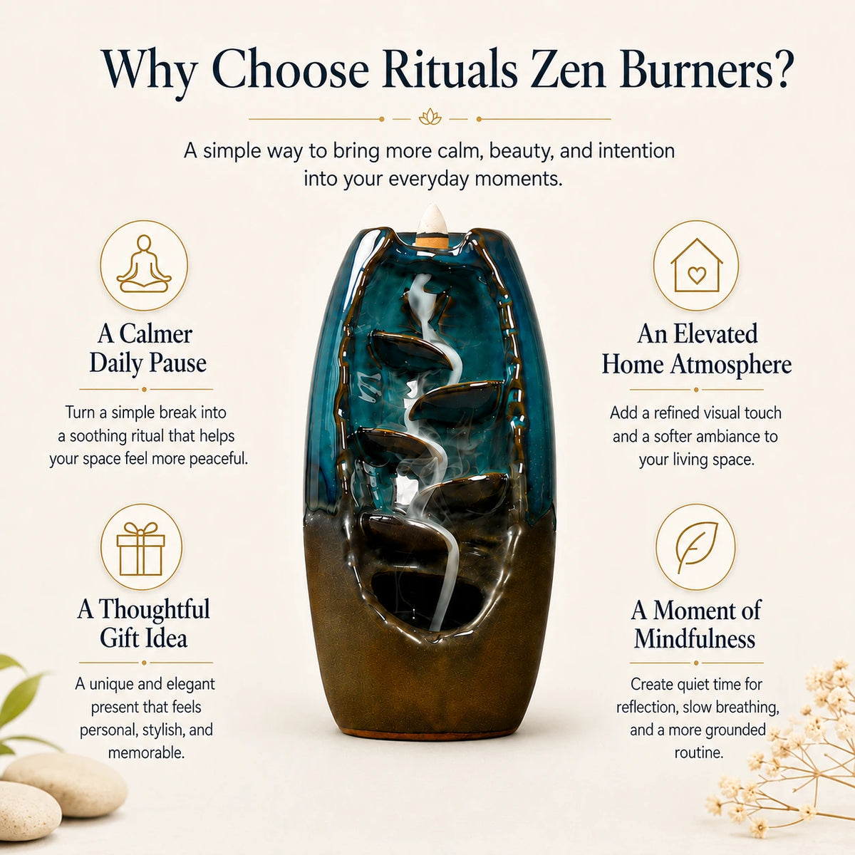 A tall, sculptural zen burner candle with a glossy teal and dark brown gradient finish, featuring a white flowing incense trail down stacked stone-like tiers. The image is a promotional infographic on a warm cream background with text highlighting benefits like 'A Calmer Daily Pause' and 'An Elevated Home Atmosphere'.