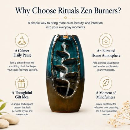 A tall, sculptural zen burner candle with a glossy teal and dark brown gradient finish, featuring a white flowing incense trail down stacked stone-like tiers. The image is a promotional infographic on a warm cream background with text highlighting benefits like 'A Calmer Daily Pause' and 'An Elevated Home Atmosphere'.