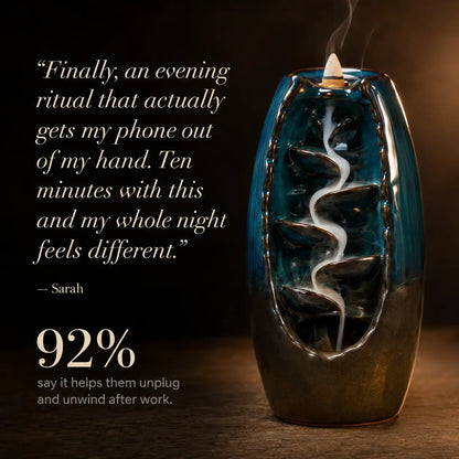 A blue and black ceramic incense burner with a white spiral incense trail rising inside, shown on a wooden surface next to a quote and the text '92% say it helps them unplug and unwind after work.'.