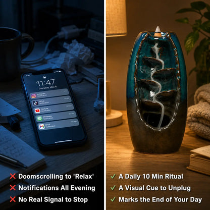 A split-screen lifestyle image showing a smartphone on a dark desk with clutter on the left, and a glowing ceramic finial lamp on a wooden table with a plant and blanket on the right. Text overlays describe digital distraction and suggest using the lamp as a daily unplug ritual.