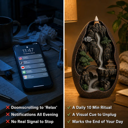 A split-screen promotional graphic showing a smartphone on the left in a dark desk scene with text about stopping do scrolling and notifications at night, and a carved stone bell-shaped incense burner with a mountain-and-water design on the right on a warm wooden surface with lifestyle props. The image is not a clean product-only shot and not a measurement chart, color swatch, or instruction diagram.